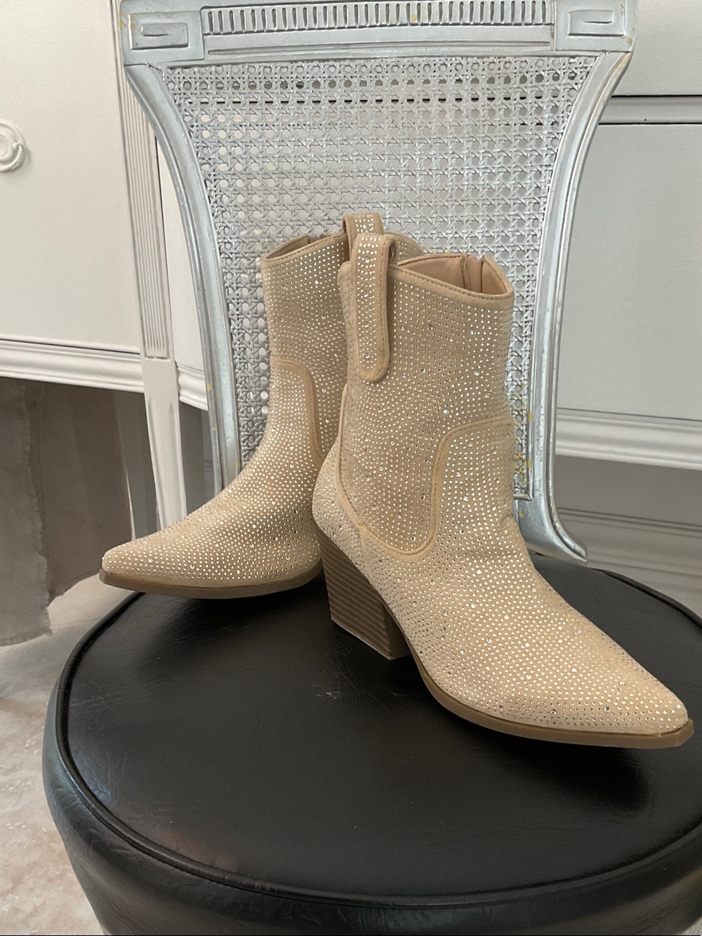 Rhinestone Beige Suede Western Ankle Boots - Women